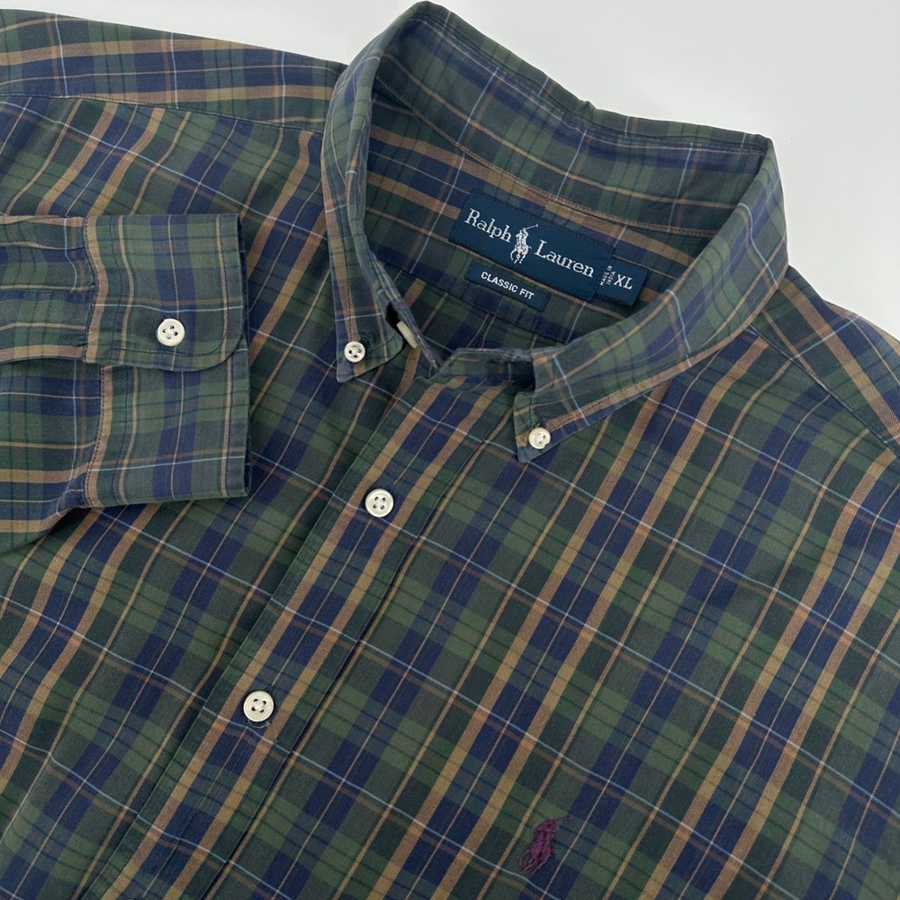Ralph Lauren Button Down Shirt Mens XL Green Plaid Classic Fit Long Sleeve
